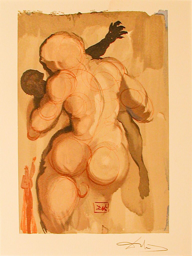 A painting of a naked man with a sword.