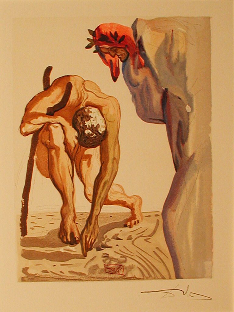 A painting of a man with a stick and a demon.