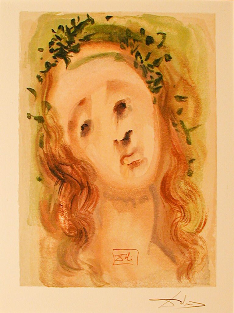 A painting of a woman with long hair and a wreath on her head.