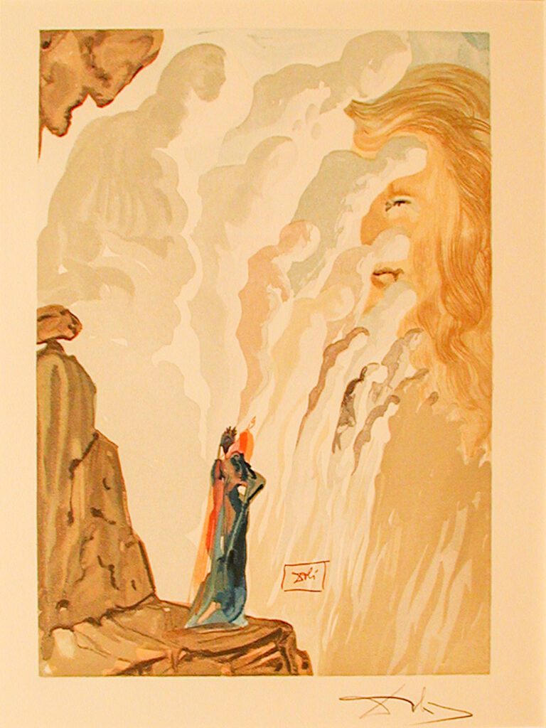 A painting of a man standing in front of a waterfall.