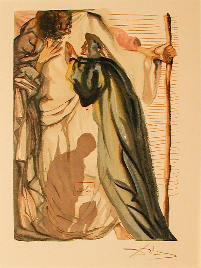 A painting of a woman and man in the middle of a scene.