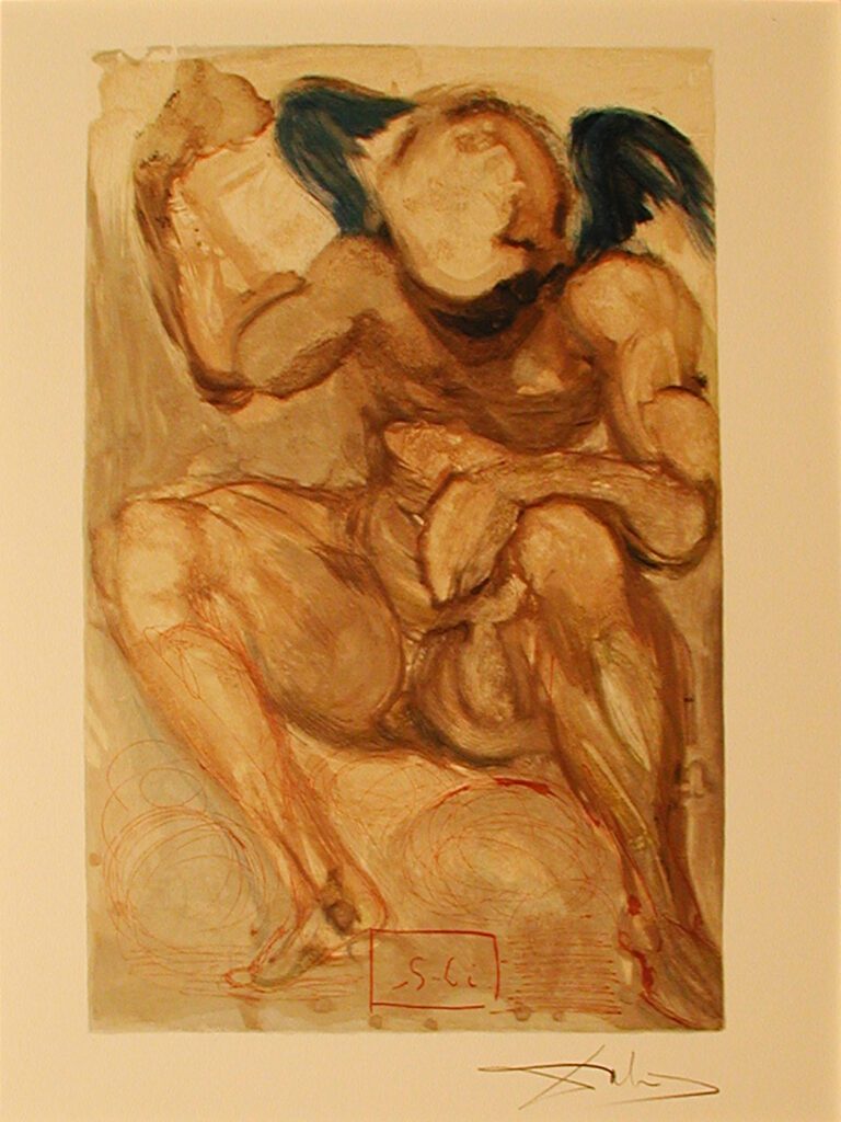 A painting of a woman sitting on top of a box.