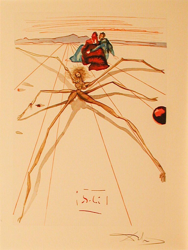 A drawing of a spider with a man and woman.