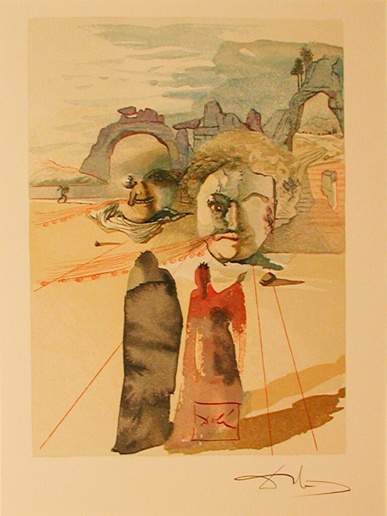 A painting of two faces and one is holding something.