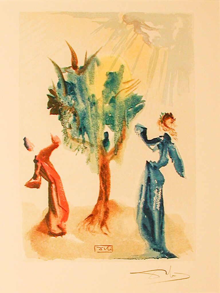 A painting of two women and a dragon tree