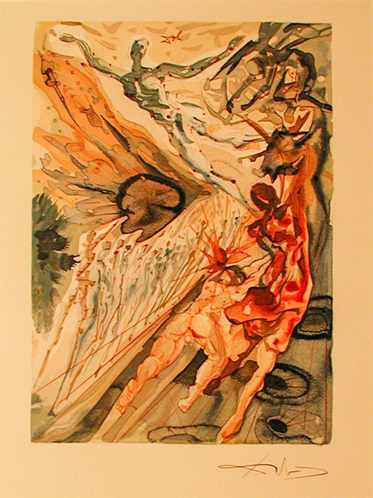 A painting of an angel with wings and a halo.