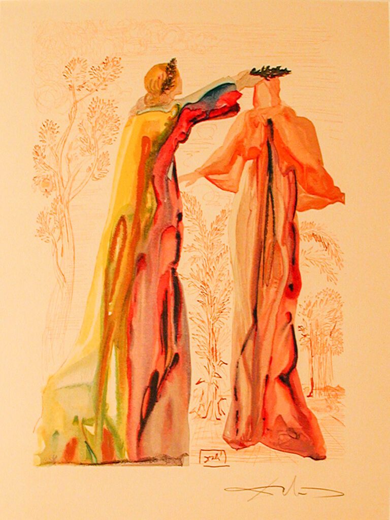 A painting of two women in long dresses