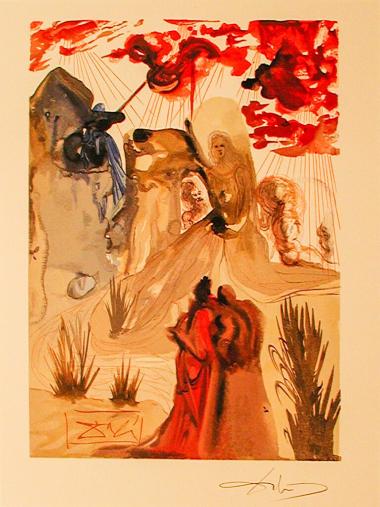 A painting of two people standing in the desert.