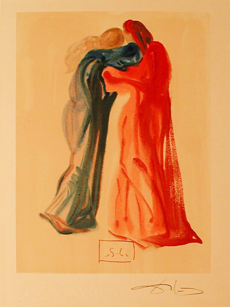 A painting of two people embracing each other