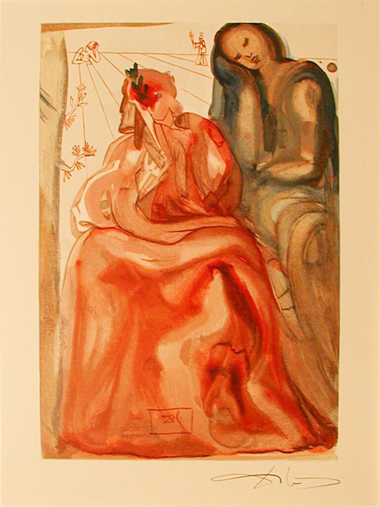 A painting of a woman in red dress