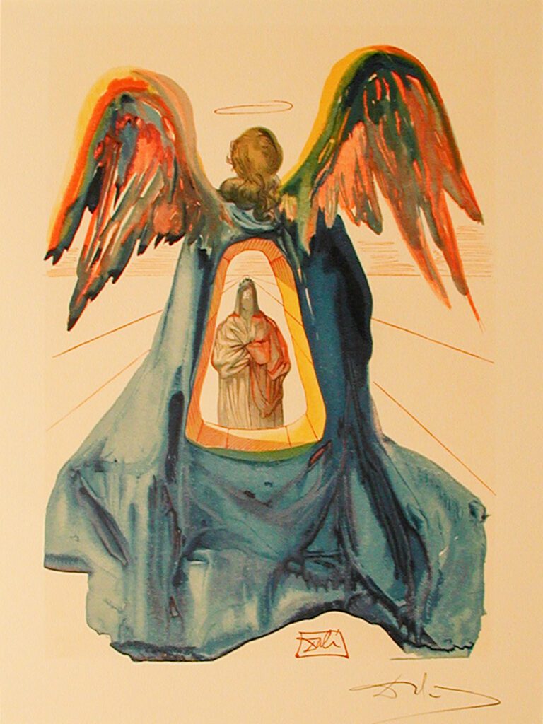 A painting of an angel with wings and a statue.