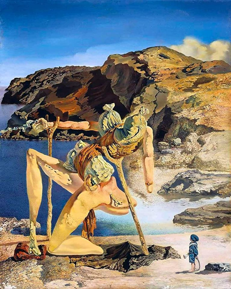 A painting of two men and one woman in the desert.