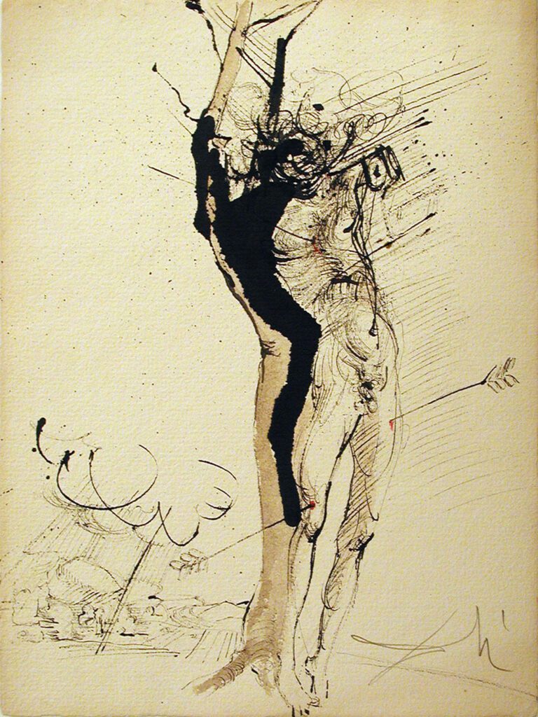 A drawing of a man standing in front of trees.