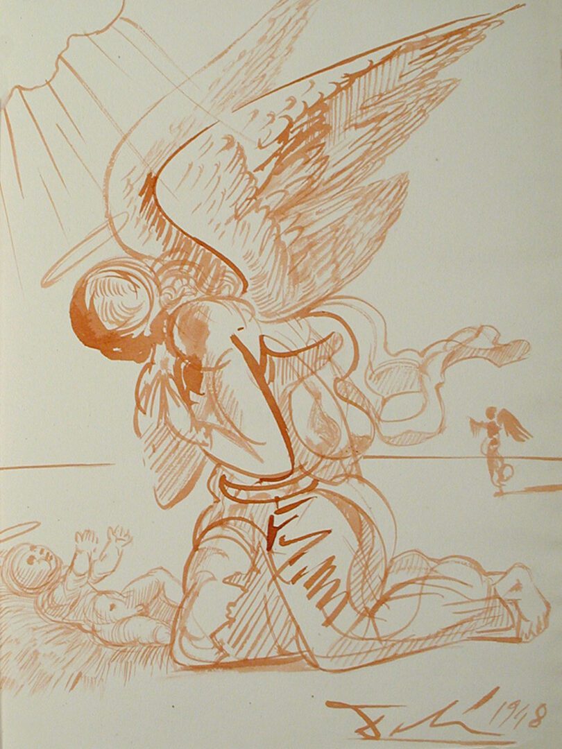 A drawing of an angel with a man in the background.