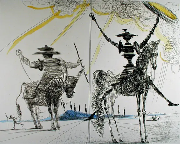 A painting of two men on horseback with one man riding a horse.