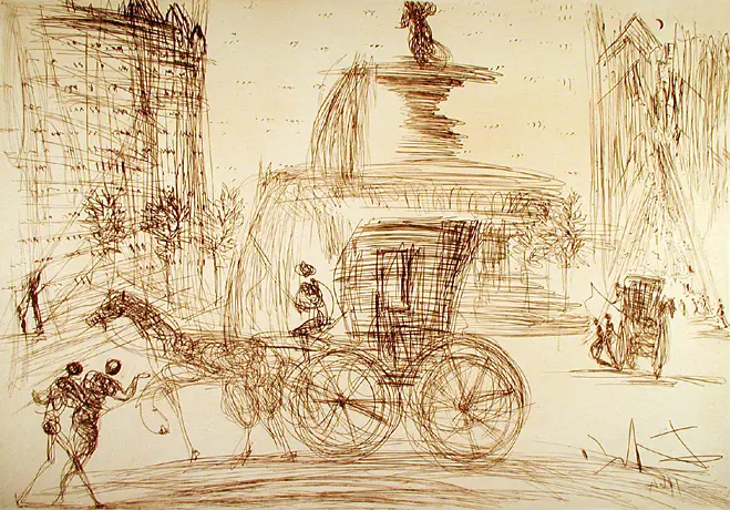 A drawing of a horse and carriage in the city.